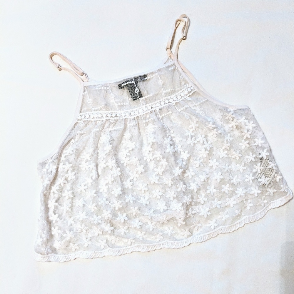 White Floral Embroidered Crop Tank